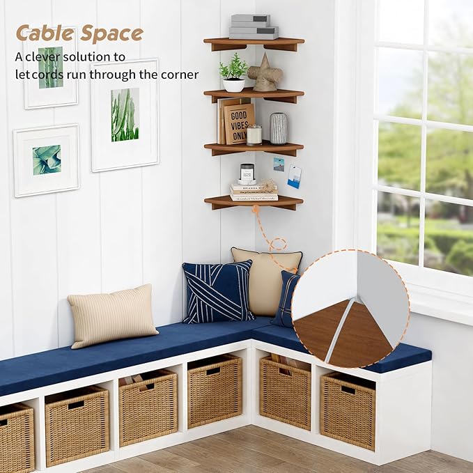 Forbena Corner Bookshelf Wall Mounted Set of 4, Wooden Floating Book Shelves for Nursery, Large Wall Shelving Unit for Living Room Bedroom Bathroom Kitchen Office Classroom Corner (Walnut Color)