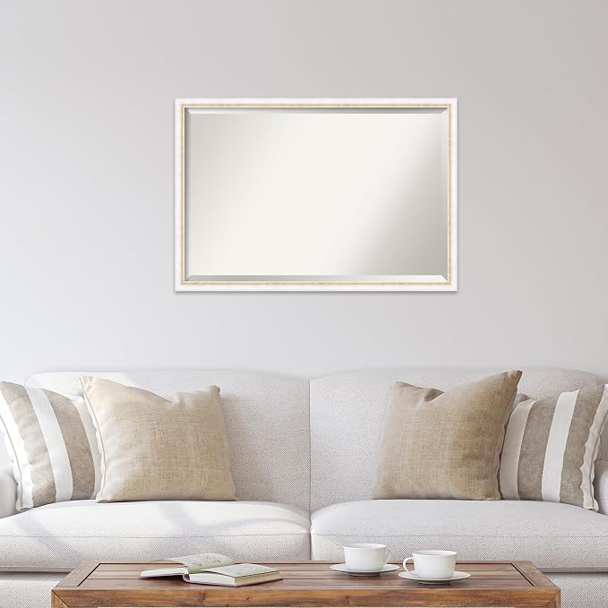 Amanti Art White Wall Mirror 26x38 Morgan White Gold Rectangle Bathroom Mirror for Wall Decor Living Room, Large Modern Wood Frame, Hangs Horizonally and Vertically, Bathroom Decor, Beveled Edge