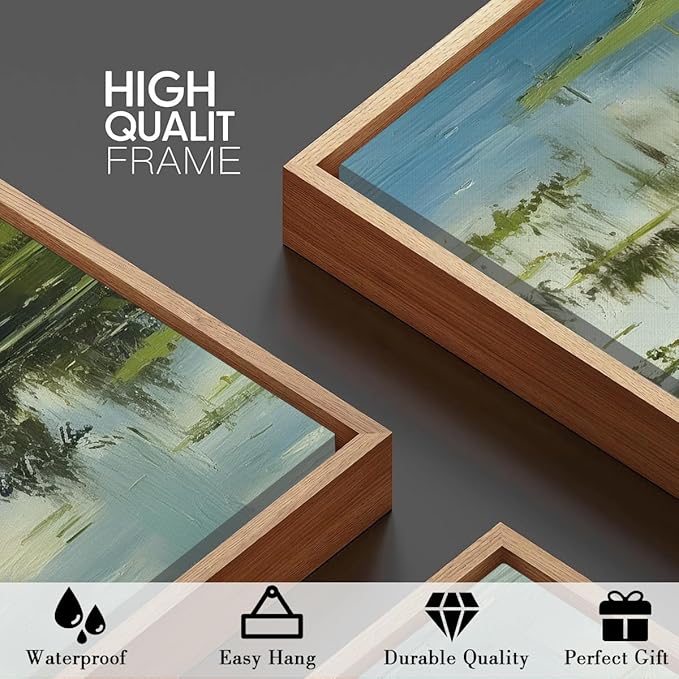 BINCUE Framed Green Nature Wall Art Lake Scenery Wall Decor Landscape Art Print Green Nature Landscape Artwork Green Plants Wall Pictures for Living Room Bedroom Office Farmhouse 16 x24 Inches Set of 3 Gift