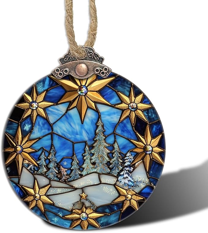 DASTOLL Stained Glass Christmas Decorations, Golden Stars White Snow Scene Suncatcher for Window Christmas Tree Hanging Ornaments Blue Sun Catcher Xmas Decor Gifts for Women Men Mom Nana Friend