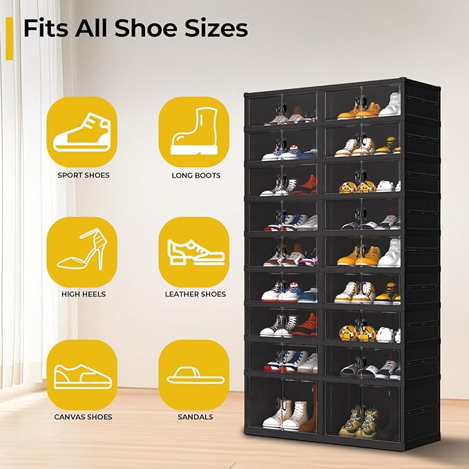 FAHKNS Foldable Shoe Rack, Transparent Shoe Boxes with Magnetic Double Doors, Shoe Organizer Storage for Entryway/Bedroom/Cloakroom, Large Shoe Cabinet with Hidden Bottom Roller 9 Tiers 4 Row (Black)