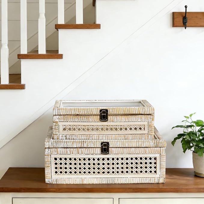 DECOR4SEASON Rattan and Cane Stacking Boxes with Glass Top Lid - Set of 2 11.8" and 14.1", for Boho and Rustic Farmhouse Decor, White Wash