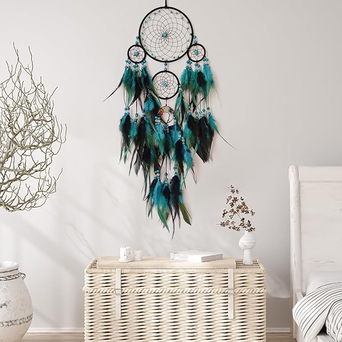 Blue and Black Dream Catcher with Crystal Tree of Life Large Dream Catchers Wall Decor Handmade Feather Dreamcatcher Wall Hanging Ornament for Bedroom Living Room Home Decor