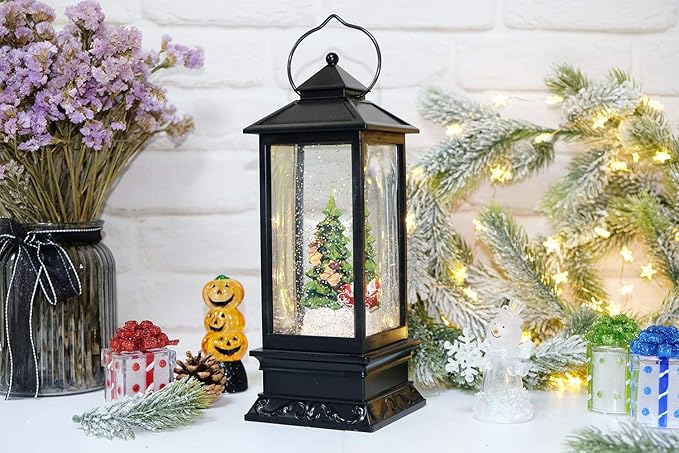 Wondise Lighted Musical Snow Globe Lantern with 6 Hour Timer, 12 Inches USB Powered & Battery Operated Spinning Water and Swirling Glitter Christmas Snow Globe Lantern Gifts(Santa and Tree)