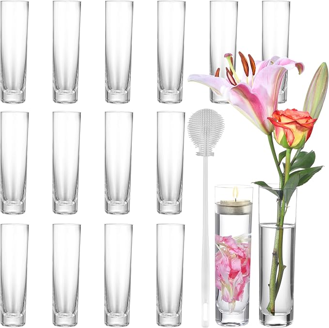 Glass Cylinder Bud Vases for Centerpieces – Set of 16 Handmade Clear Small Flower Vase 7.48 Inches Tall,Wedding Table Decor for Single Rose Vases Bulk,Small Vases Home Decor,Floreros,1 Brush
