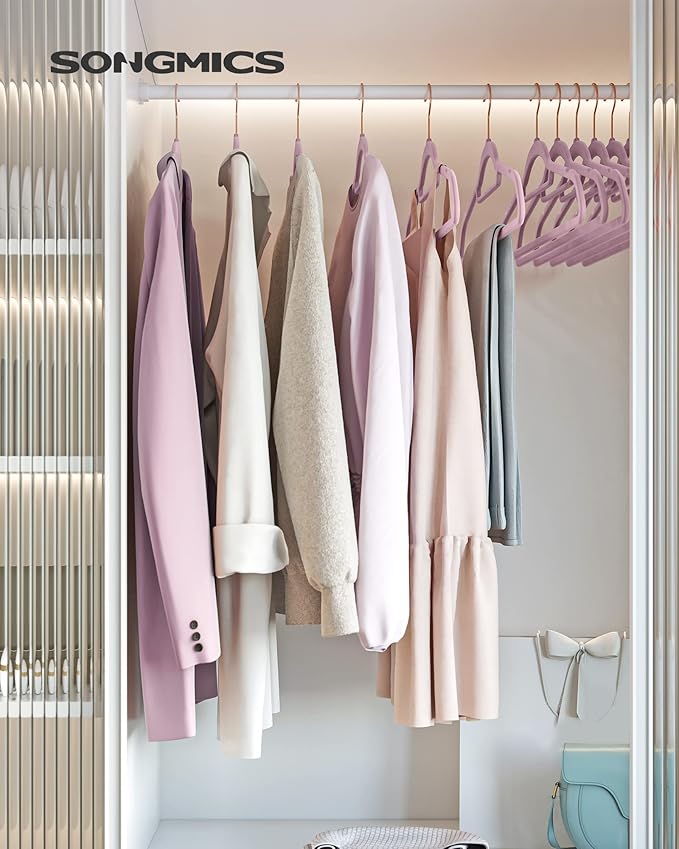SONGMICS Velvet Hangers, Set of 50 Clothes Hanger with Rose Gold Swivel Hook, Non-Slip, and Space-Saving, 0.2-Inch Thick, 17.1-Inch Long for Coat, Shirt, Dress, Pants, Tie, Lavender Purple UCRF021GP50