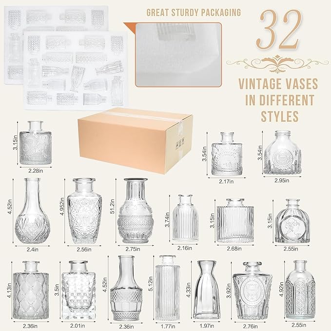 Glass Bud Vase Set of 32PCS Wedding Centerpieces for Tables,Mini Clear Bud Vases for Flowers,Small Flower Vases Suitable for Birthday Party,Anniversary,Wedding,Baby Shower (Clear, 32PCS)