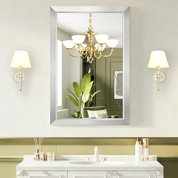 Bathroom Mirror for Over Sink,24x36Inch Silver Thick Anti-Rust Metal Frame, Rectangle Decorative Wall Mirror with HD Tempered Glass, Horizontal or Vertical Mount for Vanity, Bathroom,Living Room