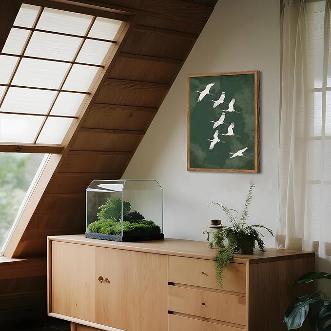 Framed Japanese Flying Cranes Wall Art, Vintage Bird Pictures Wall Decor Paintings, Rustic Nature Animal Canvas Prints Minimalist Home Decor for Living Room Bedroom Office Zen 12x16 inch