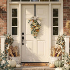Valery Madelyn 24 inch Fall Pumpkin Teardrop Swag Autumn Harvest Door Hanger with Green & White Mini Pumpkins, Eucalyptus, Raffia, Berries and Striped Bow for Front Door Thanksgiving Table Centerpiece