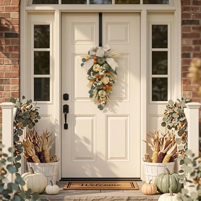Valery Madelyn 24 inch Fall Pumpkin Teardrop Swag Autumn Harvest Door Hanger with Green & White Mini Pumpkins, Eucalyptus, Raffia, Berries and Striped Bow for Front Door Thanksgiving Table Centerpiece
