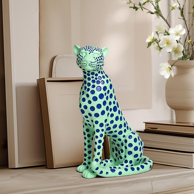 Quoowiit Statues for Home Decor, Modern Sculptures and Statues Decorations for Living Room, Bedroom, Table, Bookshelf, White Resin Leopard Art Decorative Sculpture with Black Polka Dots Design
