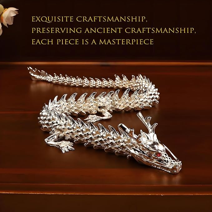 LIYAOLI 3D Printed Metal Articulated Chinese Dragon Figurine Statue Bookshelf Decor 15 Inch Silver Flexible Joints Luck Dragon for Home Office Desk Decoration