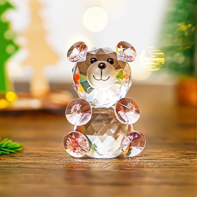 H&D Pink 3D Little Bear Crystal Figurine Paperweights Glass Xmas Decor