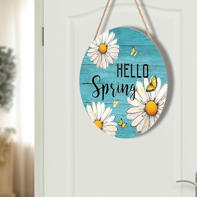 Spring Summer Daisy Flower Sign for Front Door Hello Spring Wall Hanging Sign 12"x12" Welcome Butterfly Wood Door Hanger Farmhouse Rustic Blue Floral Wreath Sign for Home Outdoor Outside Porch Decor