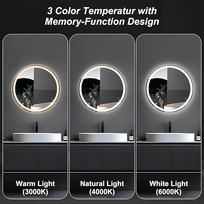 DUMOS 24 Inch Round LED Bathroom Mirror with Lights, Circle Vanity Mirror with Anti-Fog, Dimmable, 3-Color Light, Front Light and Backlit, Memory Function, Tempered Glass