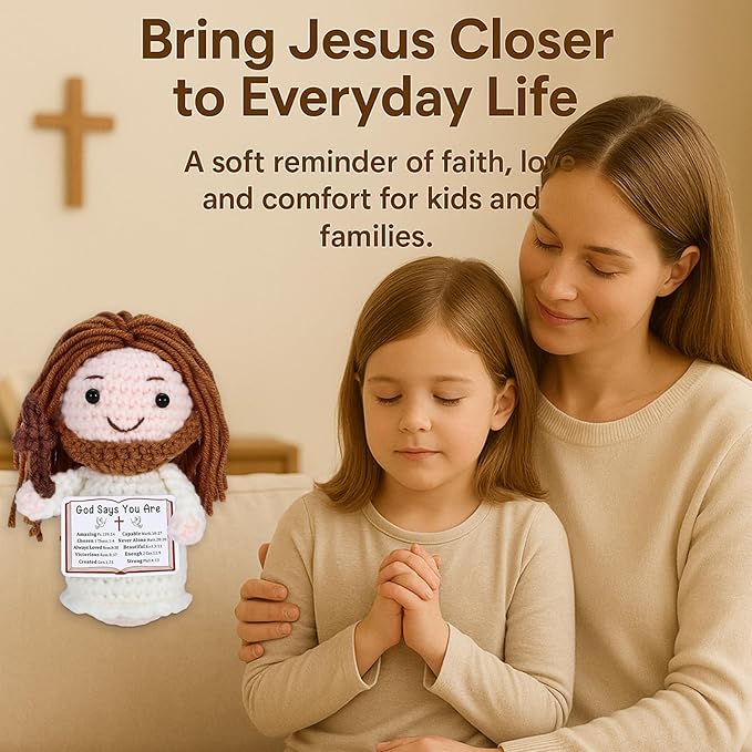 Crochet Jesus Doll with Blessing Card - Religious Gift for First Communion, Baptism, Confirmation,Easter Basket Stuffers for Girls, Boys, and Teens - Christian Gift for Young Believers, Godchildren