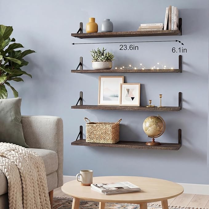 YGEOMER Floating Shelves for Wall, 23in Brown Wall Shelves for Living Room, Bathroom, Bedroom, Kitchen, Home Decor (Set of 4)