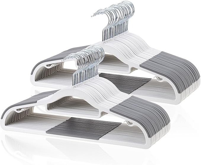 50-Pack Coat Hangers, Space Saving Plastic Clothes Hangers, Non-Slip, 0.2 Inches Slim, 16.53 Inches Wide, 360° Swivel Silver Hook for Shirts, Pants & Wet/Dry Garments, White and Dark Gray