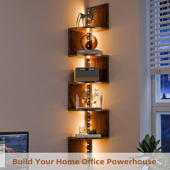 HAAYOT Corner Shelf Wall Mounted: 5-Tier Floating Shelves with Lights for Living Room, Bedroom, Home Office, Rustic Brown