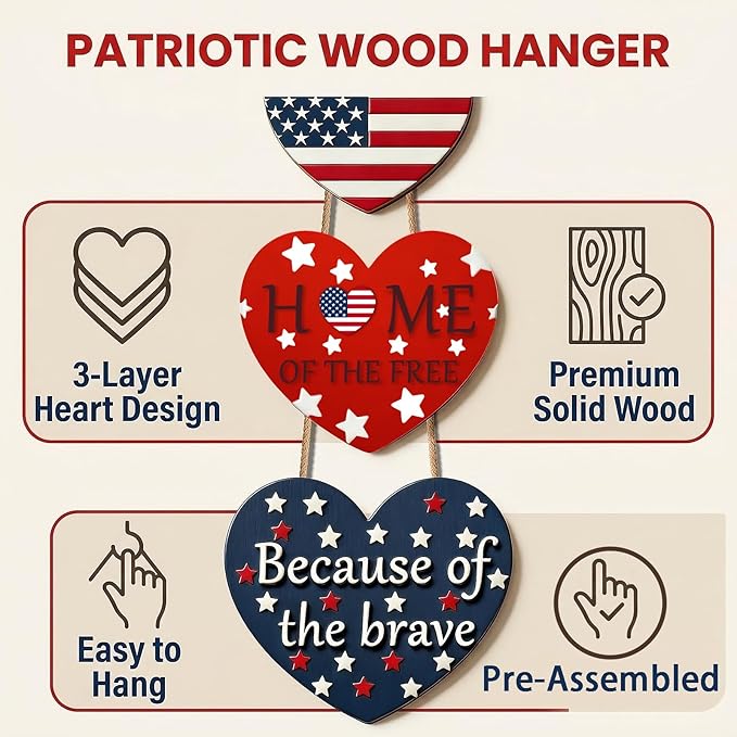 4th of July Decorations Patriotic Door Sign, American Flag Heart Hanging Wreath, Patriotic Decor Wooden Front Door Hanger for Independence Day Memorial Day Porch Wall Outdoor Indoor Home Decor