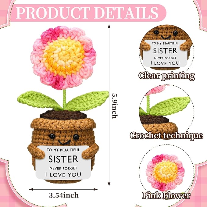 Wavwavw Sister Gifts Handmade Crochet Doll with Card Crochet Present for Sisters Sis Big Little Sister Birthday Wedding Home Decor (Pink Sunflower)
