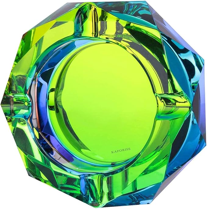 Kaforise Heavy K9 Crystal Ashtray for Cigarettes – Cool Color-Changing Glass Ash Tray for Outdoor Patio & Home Decor – Fancy Geometric Tabletop Accessories, Unique Luxury Gift for Men Smokers(03)