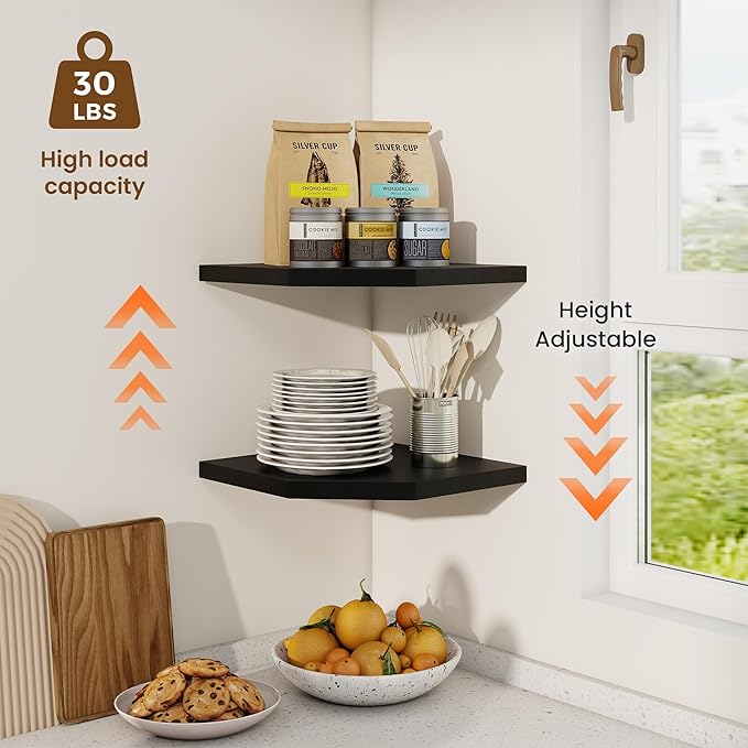 Fun Memories Corner Shelf Wall Mount, Solid Oak Wood Floating Corner Shelves with Cable Hole, 10in Rustic Design for Bedroom, Bathroom, Kitchen, Living Room (Black, 1 Pack)