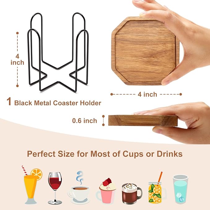 Cute Rustic Farmhouse Wooden Cup Coaster Set of 6 Cool Bar Drink Coasters with Holder Acacia Wood Coasters for Coffee Table Desk Decorative Outdoor Modern Coaster Home Decor Beverage Accessories Gift