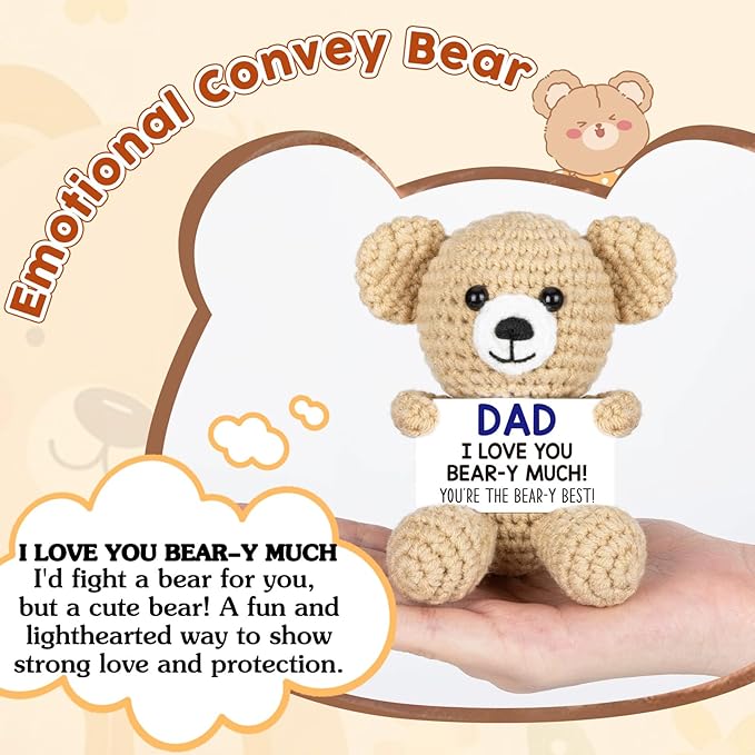 WELLBANEE Mini Bear Gifts for Dad Father from Daughter Son, Birthday Gifts for New Step Bonus Dad, I Love You Handmade Emotional Crochet Bear