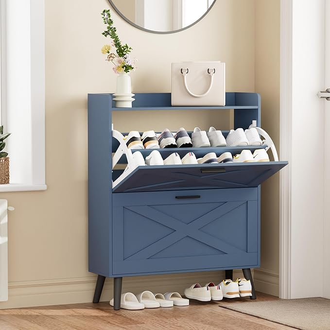 32" W Farmhouse Shoe Storage Cabinet with 2 Flip Drawers and Barn Door Design, Adjustable Shelves, Modern Hidden Slim Narrow Shoe Rack Cabinet for Entryway, Foyer, Hallway, Living Room, Blue