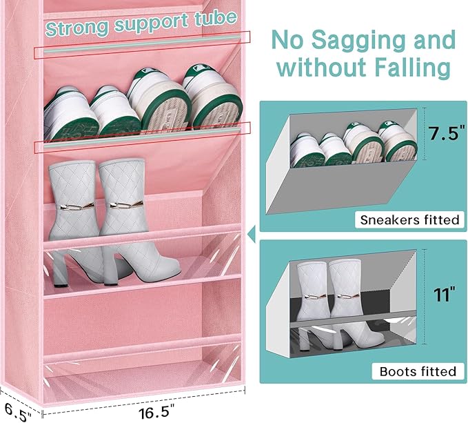 KEETDY Over The Door Shoe Organizer Fit 20 Pairs Sneakers Large Hanging Shoe Organizer for Closet Door Storage Boots, Pink