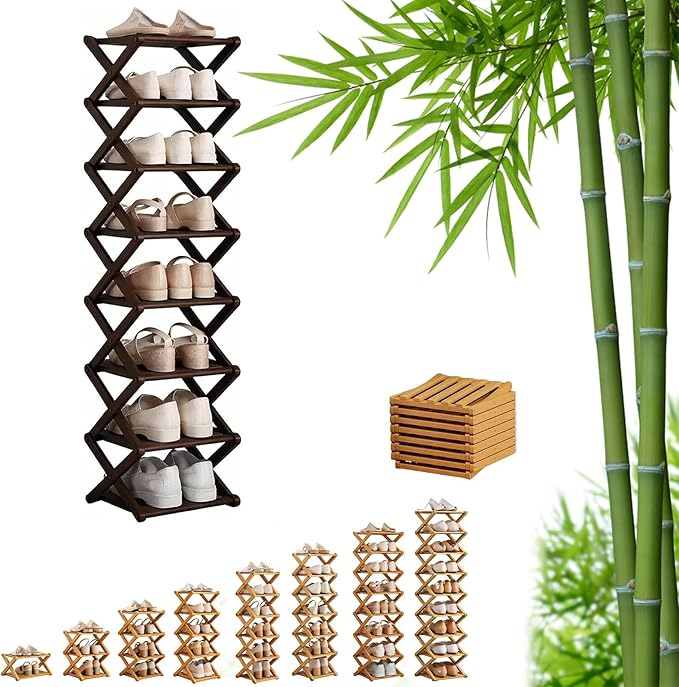 9 Tier Bamboo Shoe Rack, Foldable Shoe Rack, Shoe Rack, Ertical Shoe Organizer for Small Spaces, No Assembly Narrow Shoe Shelf for Entryway Closet Dorm (Brown, 8 Layers)