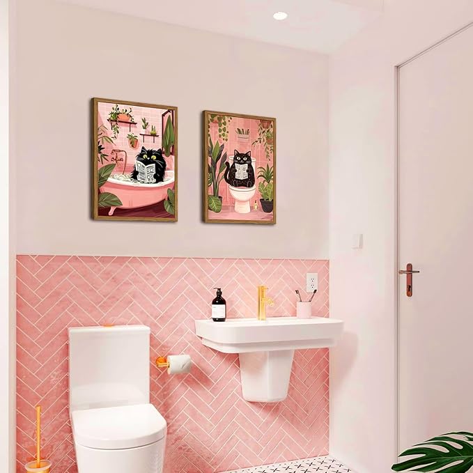 Framed Funny Bathroom Black Cat Canvas Wall Art Set of 2, Cute Cat Reading Newspaper on Toilet Pictures Wall Decor, Humor Animal in Bathtub Paintings Prints for Restroom 12x16 inch