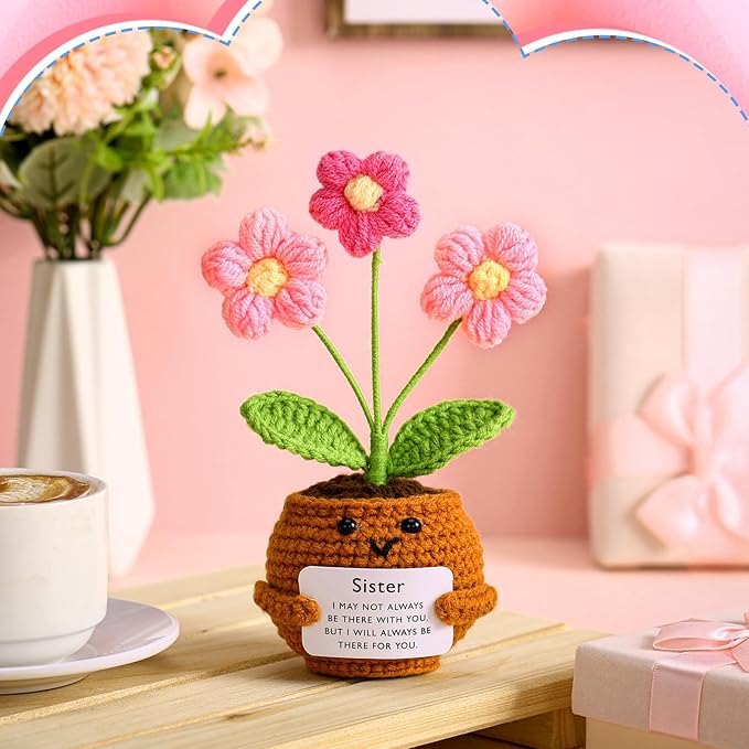 Wavwavw Sister Gifts Handmade Crochet Doll with Card Crochet Present for Sisters Sis Big Little Sister Birthday Wedding Home Decor(Pink Flowers)