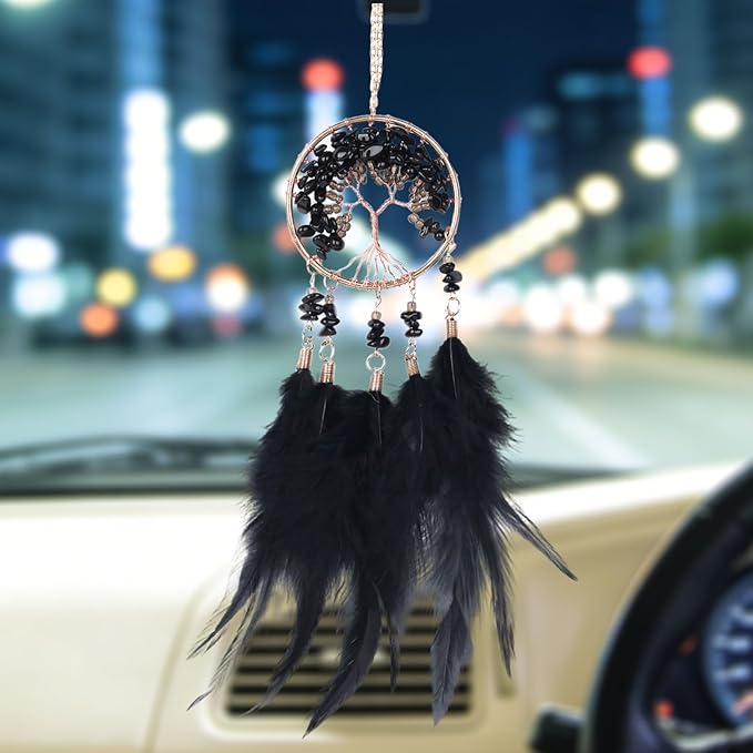 Pretty Jolly Small Tree of Life Crystal Stone Dream Catchers Black Feathers Mini Dreamcatchers for Cars Rear View Mirror Hanging Decoration Good Luck Travel Charm Bedroom Ornaments for Women Girls