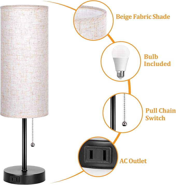 Dott Arts 18" Table Lamp for Bedroom, 3-Color Bedside Lamps with Pull Chain, Bedroom Table Lamps for Nightstand,AC Outlet Small Lamp for Living Room, Bulb Included Flax