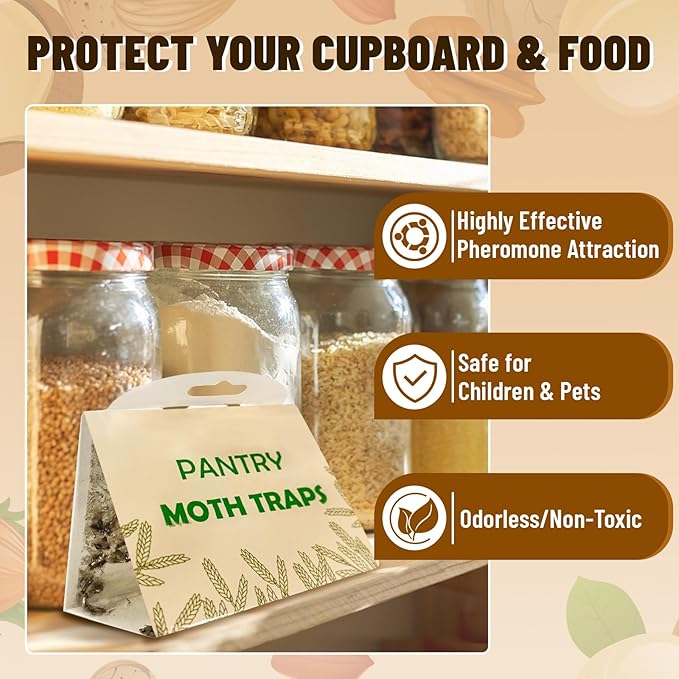 Pantry Moth Trap with Pheromone Attractant 8 Pack, Easy to use Moth Treatment, Odorless/Non-Toxic Strong Sticky Strips for Kitchen and Cupboard