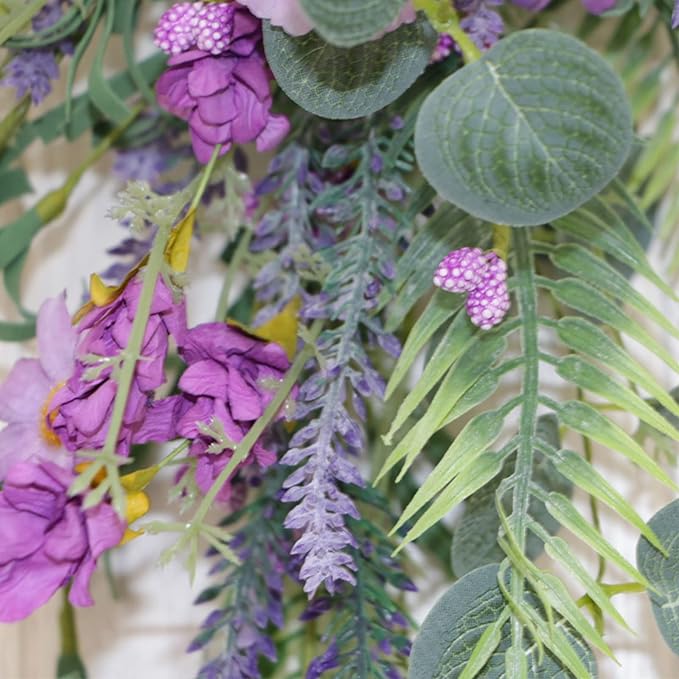 19.7in Purple Lavender Daisy Teardrop Swag, Artificial Floral Swag with Green Leaves, Fake Daisy Flower Swag Front Door Decorative Swag for Door Wall Wedding Arch Decor(Multicolour)