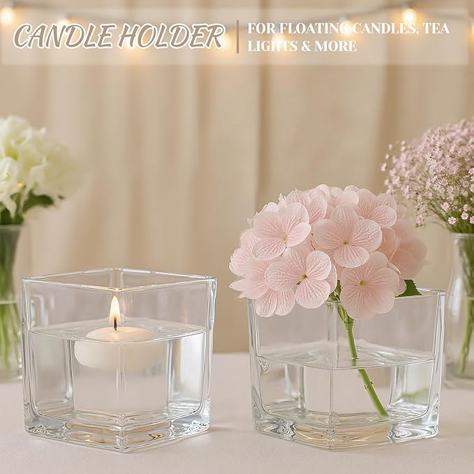 CONNOO 9 Pack Square Glass Vase 4" x 4" x 4", Clear Bulk Flower Vases for Centerpieces, Square Glass Cube Vase Floating Candle Holders for Wedding Party Home Decor