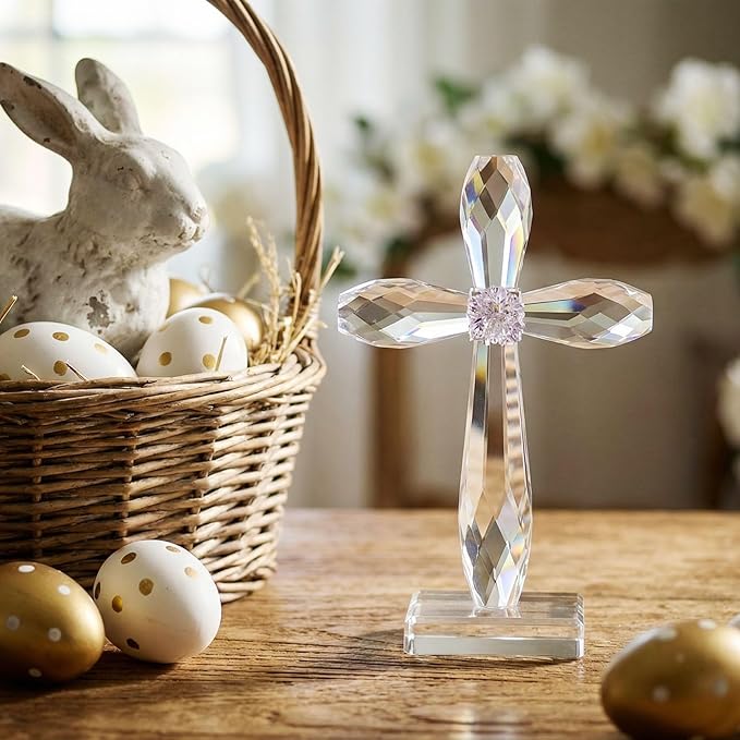 YWHL Crystal Standing Cross Decor, Religious Easter Gifts for Women Men, Handmade Glass Holy Cross Collectible Figurines for Home Decoration, Christmas Decoration for Pary
