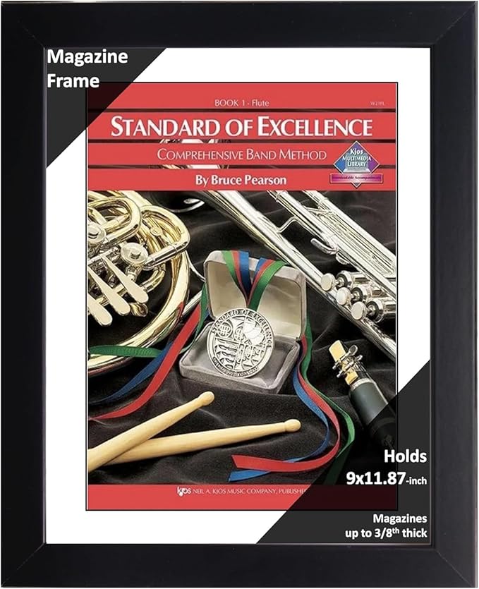 Creative Picture Frames 9 x 11.87 Magazine Frame with Full-Strength Glass, Holds Up To A 1/4" Thick Media with Installed Hangers for Easy Mounting, 11x14 Black Frame with White Mat