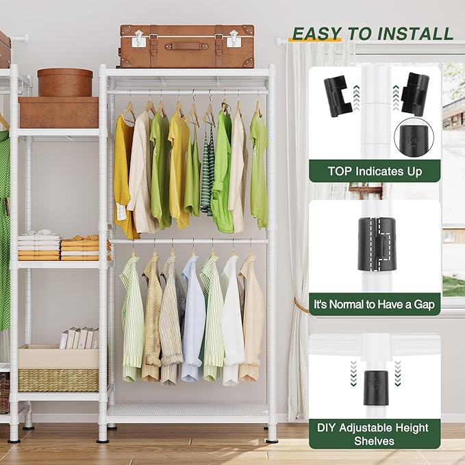 LEHOM G6M Heavy Duty Clothes Rack for Hanging Clothes, Portable Garment Rack Compact Size Closet Organizer, Freestanding Metal Clothing Rack Wardrobe Closet with Storage Shelves for Bedroom, White