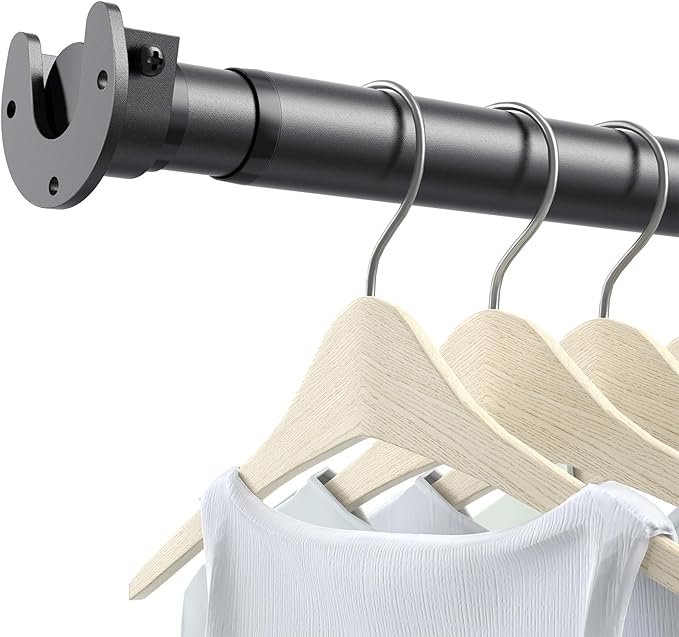 Closet Rods for Hanging Clothes, 17 to 69 Inch Stepless Adjustable Closet Rod, 1.3 Inch Diameter Metal Heavy Duty Closet Hanging Rod for Closet Wardrobes Laundry RV, Black