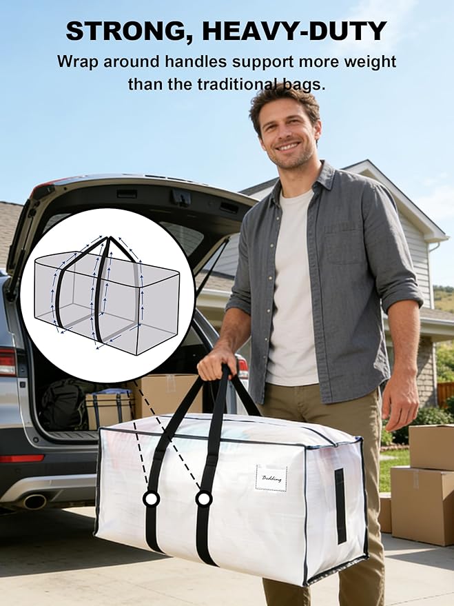 80 Pack Large Strong Moving Bags with Zippers & Carrying Handles - Water-Resistant - Heavy Duty Storage Tote for Space Saving, Fold Flat, Alternative to Moving Box (Semi-Transparent)