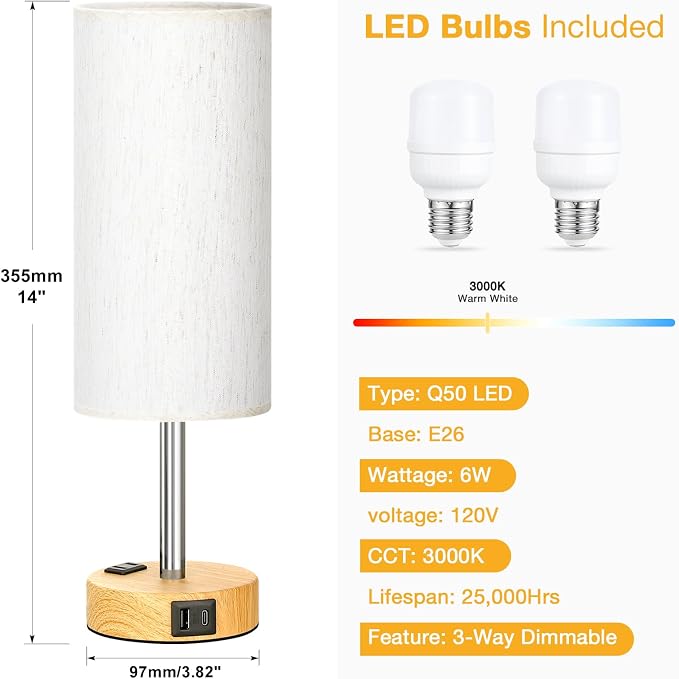 Touch Bedside Table Lamps Set - 3 Way Dimmable Bedroom Lamps Set of 2 with USB C & A Ports, Small Lamps for Nightstand with AC Outlet, Small Desk Lamp for Office, Dorm, Nursery - Dorm Room Essentials
