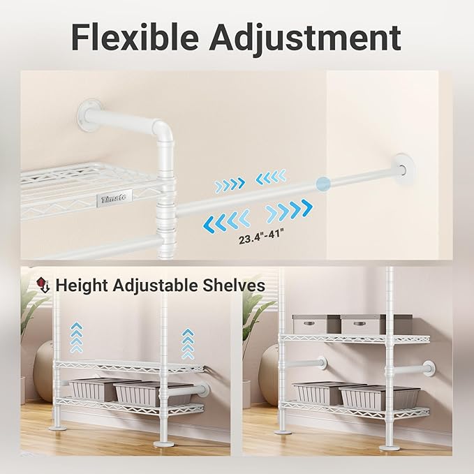 Timate S3X Expandable Wall Mounted Clothes Rack with 6 Adjustable Shelves & 4 Expandable Hanger Rods, Heavy Duty Industrial Pipe Clothing Rack for Hanging Clothes, Fits Spaces 5'11"- 8'10", White