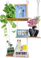 3-Tier Boho Hanging Shelves for Wall - Rustic Floating Wood Shelves with Rope, Macrame Plant Shelf Organizer for Home Decor - Farmhouse, Bohemian Style for Bedroom, Bathroom, Kitchen