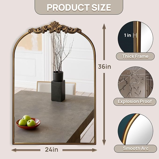 Vintage Baroque Gold Arched Mirror 24" x 36", Ornate Antique Wall Mirror with Metal Frame, Elegant Decorative for Entryway, Living Room, Bedroom, Hallway, or Bathroom Décor