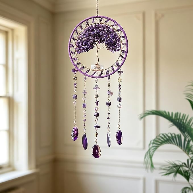 Tree Life Dream Catcher and Sun Catcher, Handmade Healing Crystal Boho Window Hanging for Home Decor, Rainbow Maker Wall Decor, for Women, Housewarming (Purple)